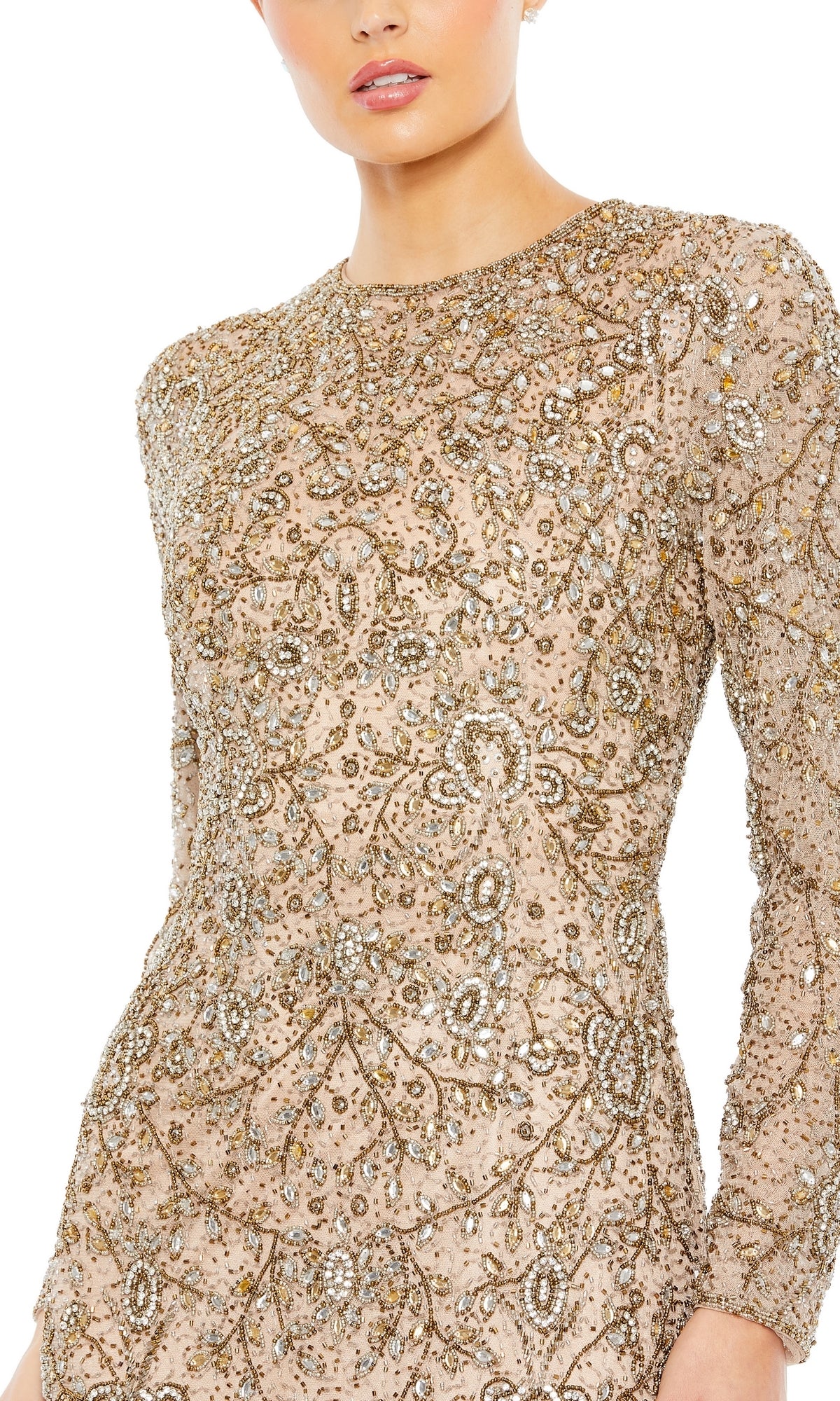 Model wearing Mac Duggal Long Formal Dress 5308, a nude long sleeve formal dress with gold and silver beadwork and sequins, shown from shoulders to mid-thigh.